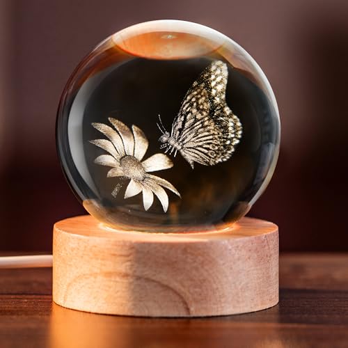 Image of IFOLAINA Butterfly Crystal Ball Gifts Ideas for Girlfriend Wife Mom | 3D Butterfly on Sunflower Gifts for Couple Her Birthday Mothers Day Night Light Decorative Globes Room Decor
