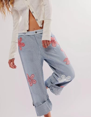 Kedera Women's Striped Pants Wide Leg Trousers Casual High Waisted Fun Pants Flare Leg Barrel Jeans with Floral Patches2