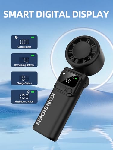 Portable Handheld Turbo Fan, 199 Stepless Speeds, 4000mAh USB Rechargeable, 12H Runtime, 2H Fast Charging, Smart Display, Emergency Flashlight, Personal Cooling Fan for Travel, Gym, Camping, Outdoors