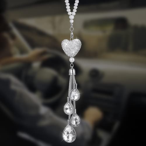 cobee Accessoires à suspendre en forme de cœur avec strass pour rétroviseur de voiture - Décoration porte-bonheur pour intérieur de voiture - Pendentif pour femme (blanc)
