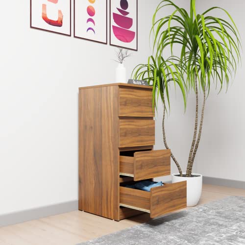 Image of VIKI Dresser with 4 Drawers, Chest of 4 Drawers,Clothes Storage, Organizer Unit for Bedroom, Hallway, Entryway,Easy Pull Drawers, Width 40cms, Brussel Walnut Colour | 1 Year Warranty
