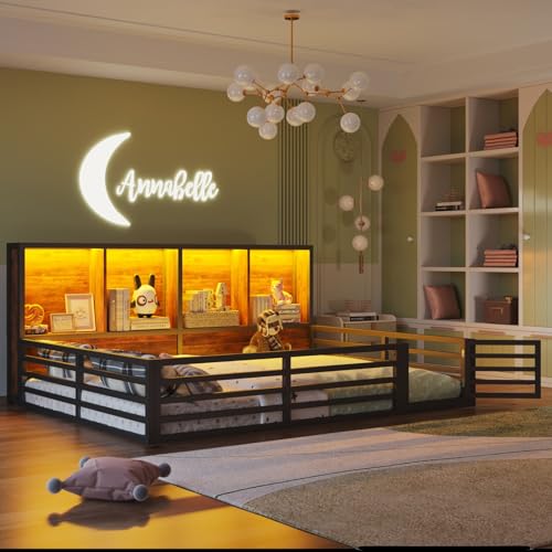 EURHCIO Lit Au Sol 140x200cm en Métal,Lit 2 Personnes Montessori avec Éclairage LED Réglable,Compartiment de Rangement,Porte,Barrières Hautes,pour Garçons...