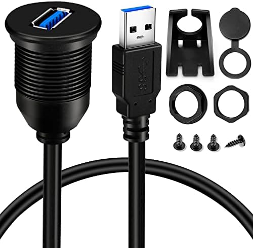 BATIGE Single Port USB 3.0 Male to Female AUX Car Mount Flush Cable Waterproof Extension for Car Truck Boat Motorcycle Dashboard Panel - 3ft