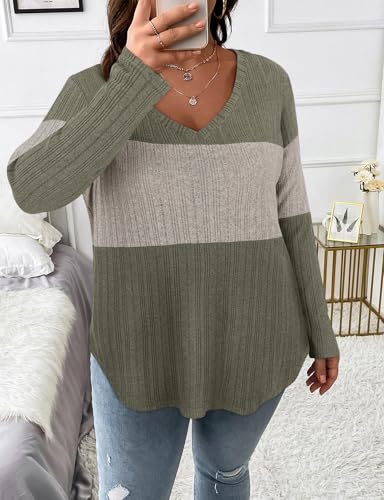 Image of Koscacy Women Plus Size Casual Knit Sweater V Neck Solid Color Tops Lightweight Long Sleeve Blouses