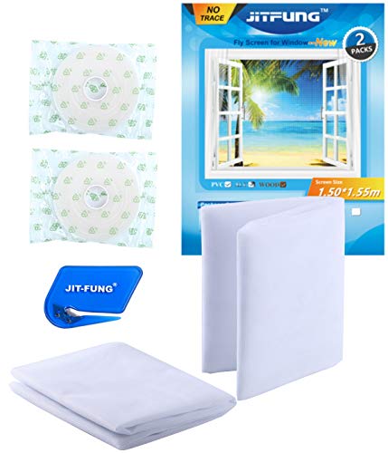 Preisvergleich Produktbild JIT-FUNG Fliegengitter Fenster, Insektenschutz mit selbstklebende Klebebänder [SPURLOS], Fliegen Netz ohne Bohren Weiß (Leichter Sichtschutz), 1,5m x 1,55m, 3.0 (2er-Pack)