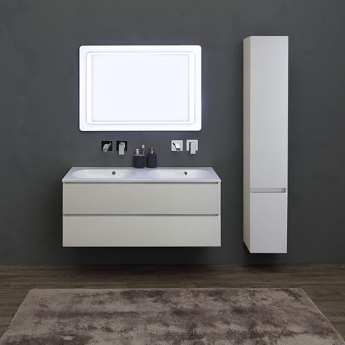 Kiamami Valentina - Mobile bagno 120cm 2c grigio perla, colonna, doppio lavabo resina bianco, specchio 100x70 | Valentina