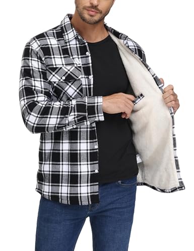 MAGCOMSEN Herren Karierte Jacke Winterjacke Übergangsjacke Warm Baumwolle Freizeit Gefüttert Hemd mit Tasche Schwarz XL