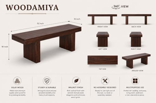Image of Strong & Durable Solid Wood Bench for Home, Office & Waiting Area | Multipurpose Bench with Comfortable Seating | Up to 320 kg Seating Capacity | Walnut Finish | 52x16x18 Inch | Easy DIY