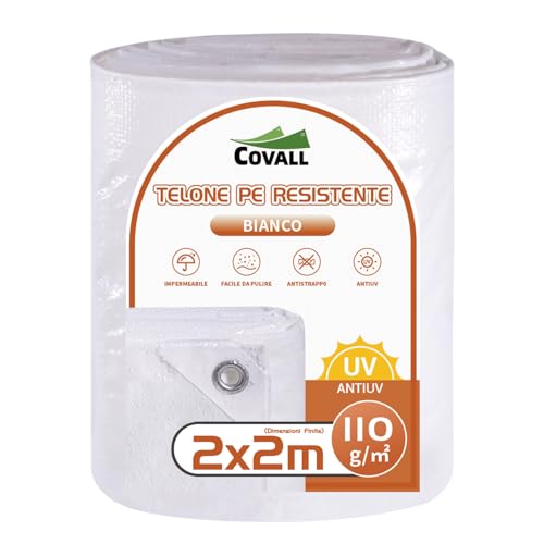 COVALL Telone Impermeabile per Esterno 2x2 m, Telo Occhiellato Rinforzato in HDPE 110g/㎡, Copertura per Piscina Auto, Mobili da Giardino, Antipioggia e Antivento, Bianco