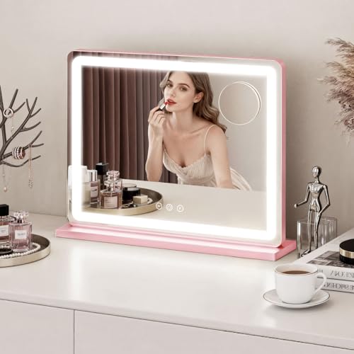 Image of ROLOVE Pink Makeup Mirror with Lights, 23x18 Inch - 3 Color Modes, Dimmable LED Light up Mirror with 10X Magnification - Pink Vanity Mirror Wall&Tabletop Mount for Teen Girls