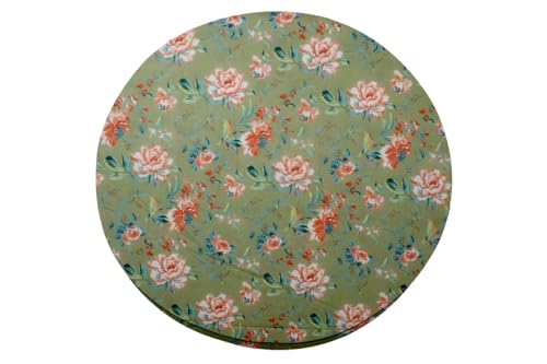 Image of The Furnishing Tree Elastic Cotton Round Center Table Cover 20x20 in Inches Floral Multicolor on Greenish Base