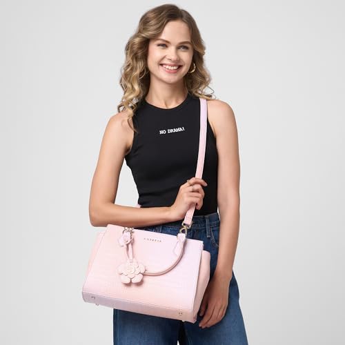 Image of Caprese Marilyn Medium Satchel Bag for Women | Croc Pattern Top-Handle Handbag with Flower Charm & 1 Specius Main Compartment | Adjustable & Detachable Strap Shoulder Bag for Office Use (Peach)