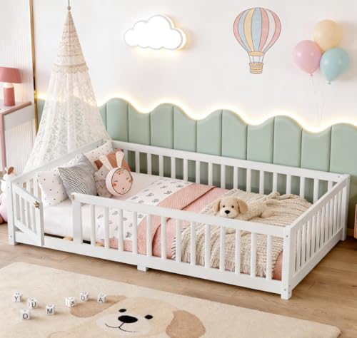 Bellemave Full Size Montessori Floor Bed with Rails, Pine,Montessori Floor