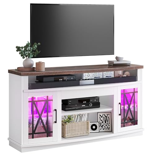 DWVO LED Farmhouse Television Stand for Living Room, 32'' Tall Entertainment Center for 65/55 Inch TV, Media Console TV Table with Storage Cabinet, Adjustable Shelves and Glass Doors, White & Brown