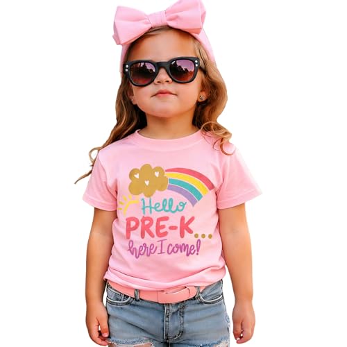 GLIGLITTR Pre-K Here I Come Preschool Shirt for Girls First Day of Prek School Tshirt Cute Rainbow Outfits Back to School Tee(Pink 4T)