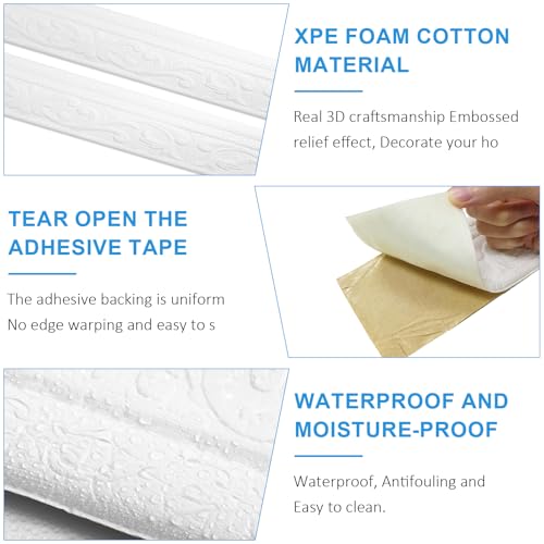 YuLiMirich Bordüre Selbstklebend Weiß - 8cm(B)*5mm(D)*10m(L) - 3D Zierleisten Selbstklebende, Stuckleisten Wand, Wasserdicht Wandbordüre, Leisten Selbstklebend für Ecken Linien Decken Dekoration