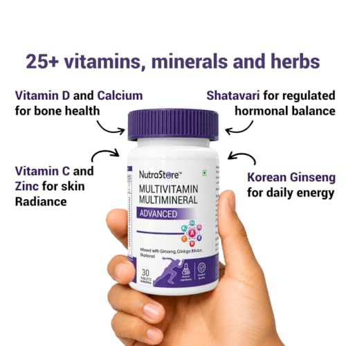 Image of NutraStore Multivitamin Multimineral Advanced Tablets for Men & Women | With Ginseng, Ginkgo Biloba & Shatavari | Vitamins A, C, D3, K2, B12 for Energy, Immunity, Muscle Recovery & Wellness | 30 Veg Tablets