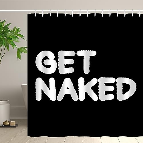 Hongma Black and White Shower Curtain Get Naked Shower Curtains Simple Funny Letters Print Shower Curtain with Hooks 72x72 Inch Waterproof Polyester Decorative Bath Curtain for Bathroom Decor