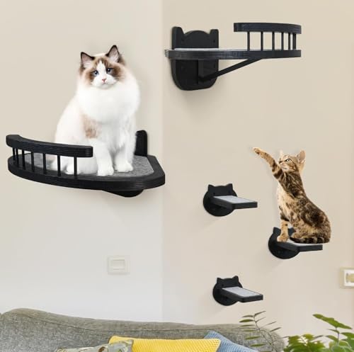 Estantes de pared para gatos con rascador y escaleras de madera miniatura 3