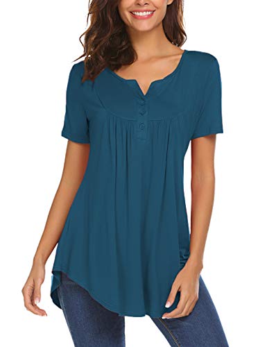 Halife Women's Shirts Casual Blouse Short Sleeve Ruffle Button Up Tunic Tops Solid