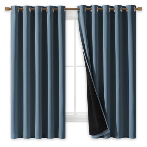 Image of NICETOWN 100% Blackout Lined Curtains, Smoky Blue, 1 Pair, 62 inch Width x 63 inch Length Each Panel, 2 Thick Layers Completely Blackout Window Treatment Thermal Insulated Drapes for Kitchen /Bedroom