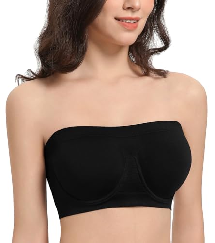 Lemorosy Women's Non Padded Underwire Strapless Bra Multiway Bandeau Tube Top Bralette(Black,XXL)