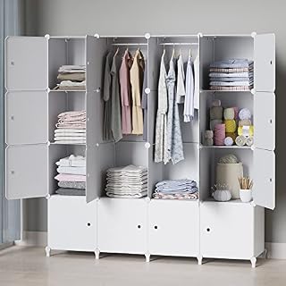 HOMIDEC Upgraded Portable Wardrobe, 16 Cube Foldable Closet with 3 Clothes Hanging Rails, Deeper Cube Clothes Storage Organizer Shelf for Bedroom, White