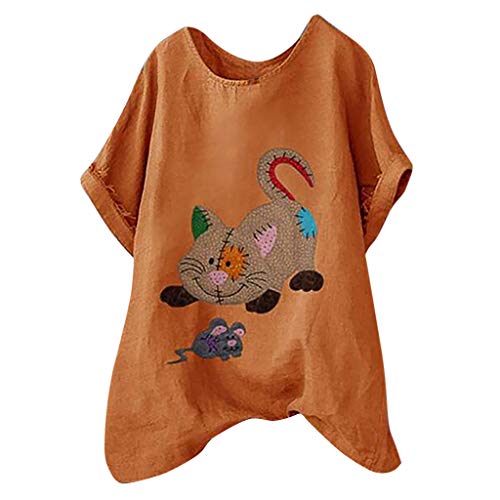 CEFGR Femme Chemisier à Manches Courtes T-Shirt Grande Taille Lin De Coton Mode Haut à Col Rond avec Motif Imprimé sur Le Devant(Orange,5XL) Cover