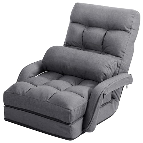FANTASK verstellbare Sofa, Klappsofa Lazy, Verstellbare Rückenlehne 90° bis 180°, Liegebett mit Armlehnen und Kissen für Zuhause, Grau