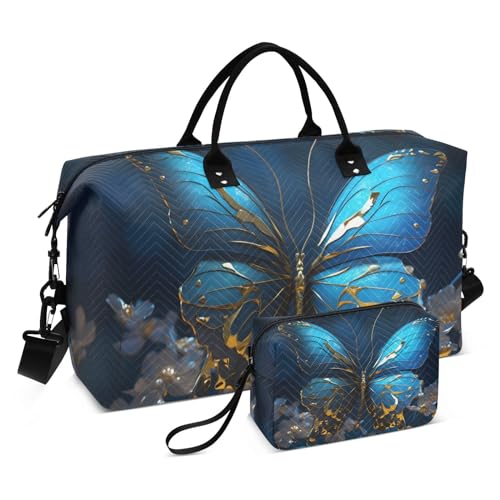 Large Travel Duffel Bag, Gold Blue Butterfly Night Sports Tote Gym Bag, Shoulder Weekender Overnight Bag for Women Men, Carry On Luggage with Toiletry Bags