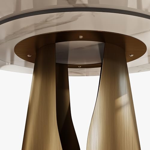 POVISON Round Dining Table for 6, Modern Dining Table 59\" Glossy White Sintered Stone Dining Table with Bronze Carbon Steel Pedestal (Dining Table Only)