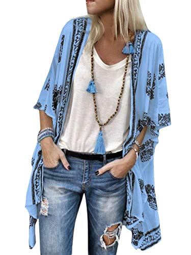 ORANDESIGNE Mujer Cárdigan Kimono Florales Manga 1/2 Tops Blusa Floral Suelta Casual Boho Style Bikini Cover Up Cubierta de Playa Azul 46