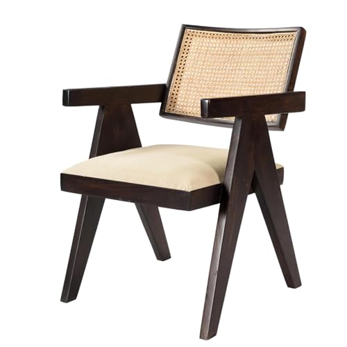 Image of GK Int Premium Solid Wood Cane Accent Chair with Cushion | Handwoven Rattan Backrest Armchair | Mid-Century Modern Wooden Lounge Chair for Living Room, Dining Room & Office (Walnut Brown)