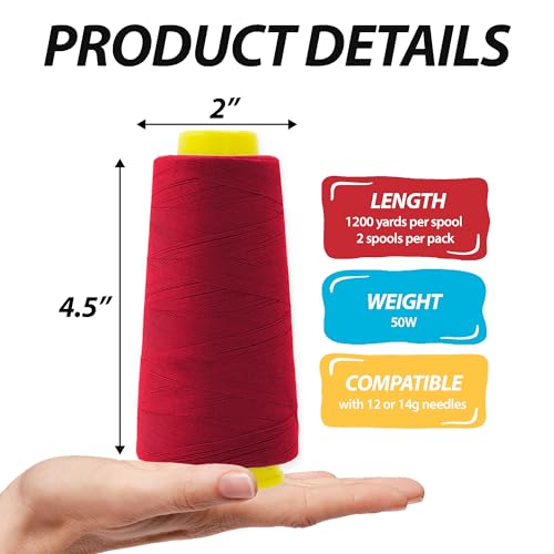 Image of Mandala Crafts Maroon Thread Cones for Machine and Hand Quilting - 2400 Yds 50 WT Multiple Purpose Mercerized 100% Cotton Threads for Sewing Machine Serger Embroidery
