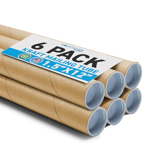 MagicWater Supply Mailing Tube - 1.5 in x 12 in - Kraft - 6 Pack - for Shipping and Storage of Posters, Arts, Crafts, and Documents