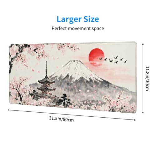 Image of Japanese Mouse Pad 31.5x11.8 XL Grey Pink Cherry Blossoms Mountain Watercolor Extended Large Mousepad Keyboard Mouse Mat Desk Pad with Non-Slip Rubber Base Stitched Edges for Home Office Game