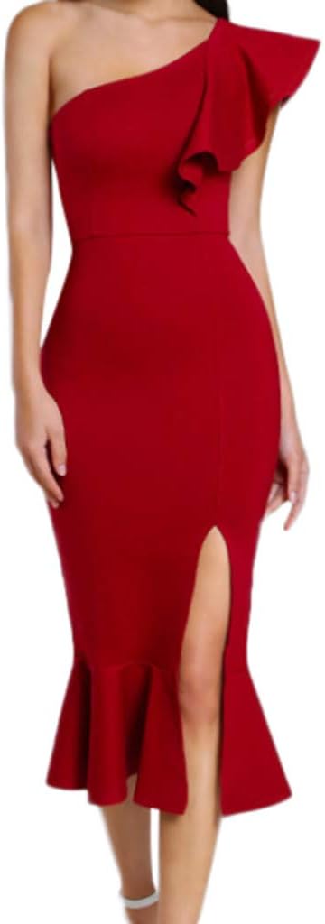 ANJUNIE Women Ruffle One Shoulder Cocktail Dress Party Club Mermaid Pencil Dress