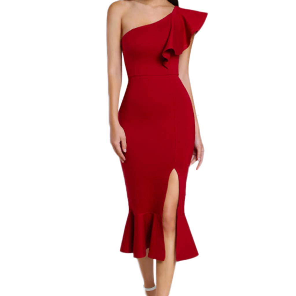 ANJUNIE Women Ruffle One Shoulder Cocktail Dress Party Club Mermaid Pencil Dress