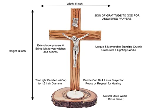 Olive Wood Standing Crucifix Cross (8 Inch), Wood Table Alter Cross With ‘Candle Holder Base’ #TOP1