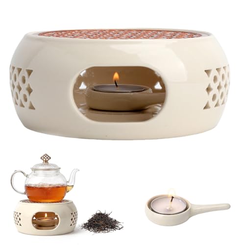 Réchaud à Thé en Porcelaine Blanche 15 cm, Chauffe-Théière avec Grande Plaque Métallique 11,8 cm et 10 Bougies Chauffe-Plat, Réchaud Bougie pour Garder...