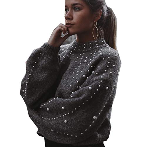 BaZhaHei-Jersey Mujeres Invierno O Cuello Manga Larga Perla de Punto Suéter Blusa Jerseys Perlas de Cuello Redondo para Mujer Moda Salvaje Jerséy de Mujer Confort Transpirable Blusa Camisetas