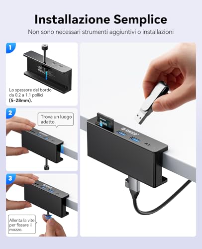 Hub USB 3.2, Hub USB in Alluminio a Pinza con Porta Alimentazione 5V, Distributore USB 3 Porte 10Gbps, Lettore Schede SD/TF 3.0, Hubs USB 3.2 con Cavo 100cm (C ad A/C) per Monitor e Scrivanie - Hub USB - Immagine 5