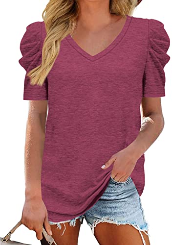 Danedvi Women Summer Casual V-Neck Short Puff Sleeves T Shirt Solid Basic Tunic Tops Fuchsia #TOP1