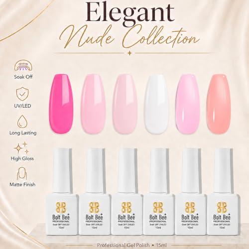 Image of Bolt Bee Gel Polish Kit - 6 Colors Light Soft Sakura, White & Nude Shades | Spring Soak-Off Gel Nail Polish Set for Manicure & Nail Art at Home (18)