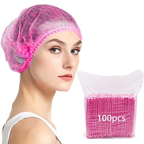 Abnaok Non Woven Disposable Dust Caps, 100 PCS Elastic Caps for Food Industries, Medical Works - Pleated Anti Dust Hat Set Universal Size(Pink)