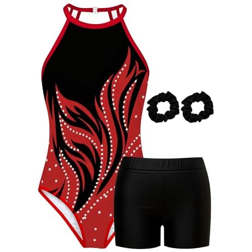 MOLLDAN Gymnastics Leotard for Girls Halter Neck Biketard Unitard Tumbling Activewear for Kids,No Diamond Red Flame 9-10 Years