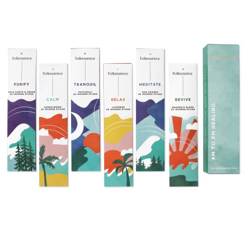 Folkulture AM to PM Incense Sticks Set | 6 Packs, 120 Sticks | Nag Champa, Sandalwood, Palo Santo & Patchouli | Charcoal-Free Incense for Relaxation, Mindfulness & Self-Care Gifting