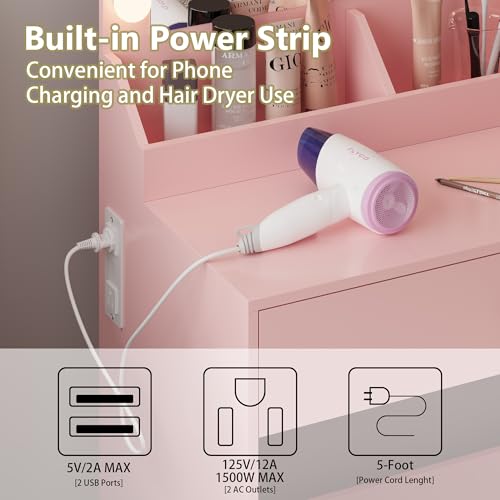 Image of BORNOON Small Vanity Desk with Mirror and Lights, Makeup Vanity Desk with Adjustable Brightness 3 Light Modes, RGB Storage Cabinet, Power Outlet, Drawer, Shelves