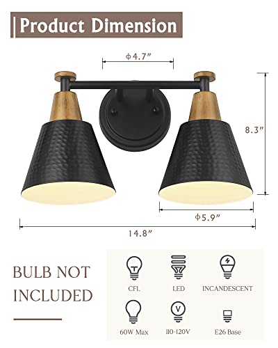 Image of FEMILA Black Bathroom Light Fixtures, 2-Light Bathroom Vanity Lights Over Mirror with Hammered Metal Shade, Modern Wall Sconces Lighting for Kitchen Bedroom Living Room, 4FG59B-2W BK