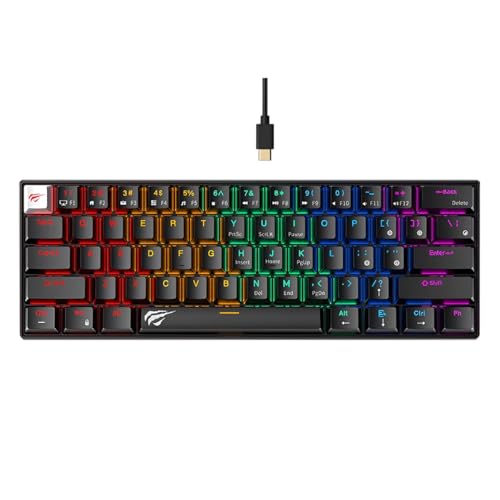 Hhavit KB903L 61 teclas arco-íris LED retroiluminado para computador USB com vida útil da chave com fio 50.000.000 vezes, (interruptor vermelho) teclado mecânico para jogos retroiluminado para PCC